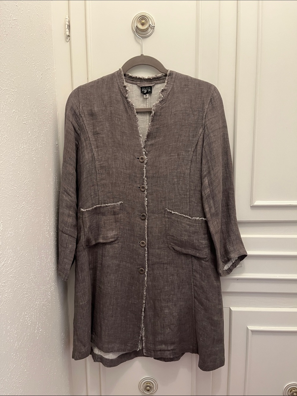 Eileen Fisher Gray Taupe Frayed-Trim Long Jacket